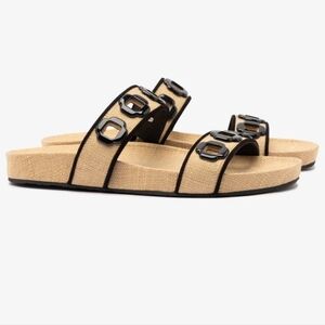 🤎🔹️Larroude 🔹️ Milan Slide In Beige Raffia and Black Trimming